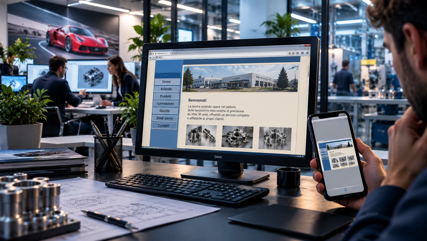 Azienda moderna con sito web obsoleto e non responsive visualizzato su computer e smartphone