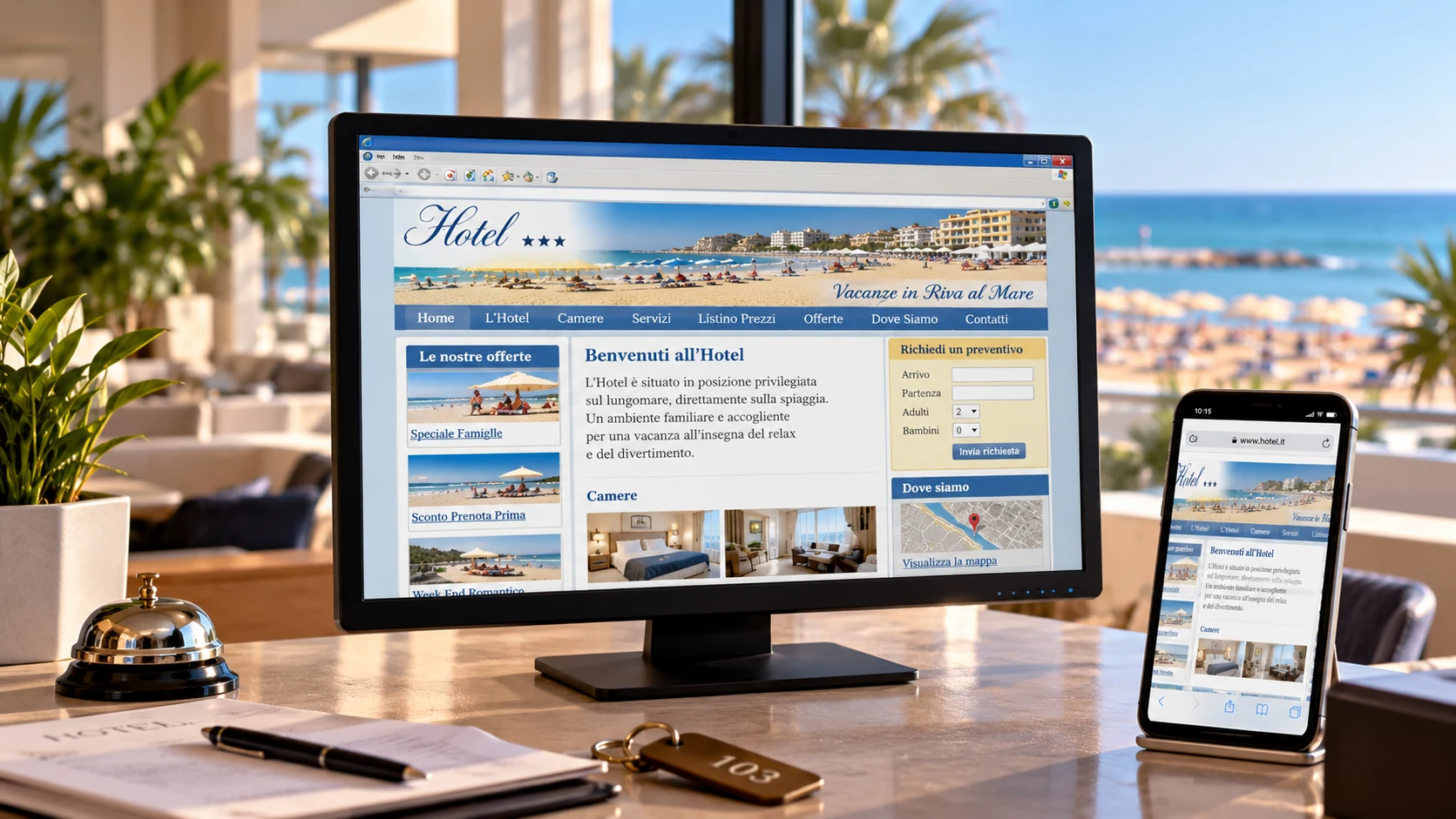 Sito web di hotel datato e non responsive visualizzato su computer e smartphone
