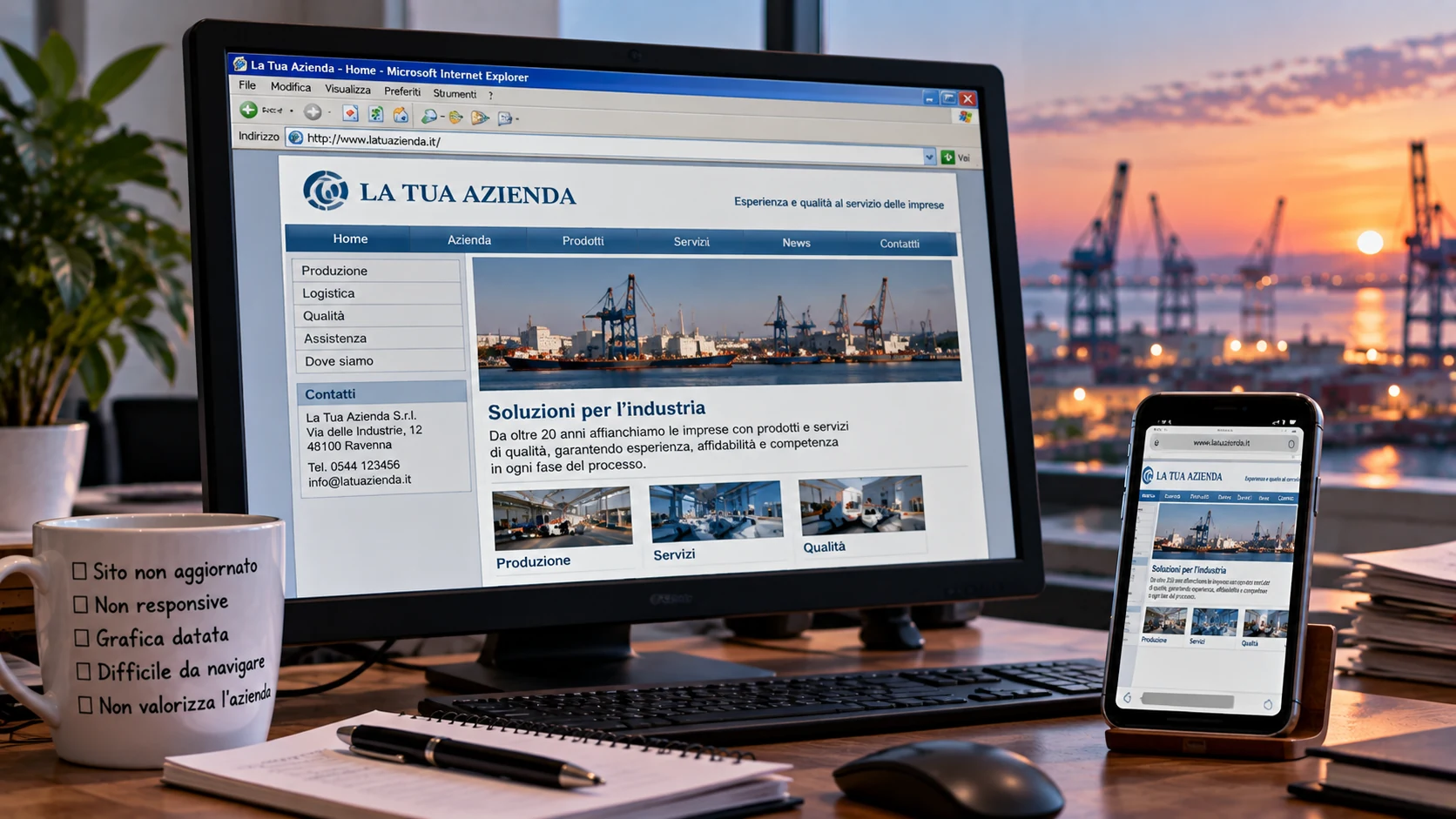Sito web aziendale datato e non responsive visualizzato su computer e smartphone