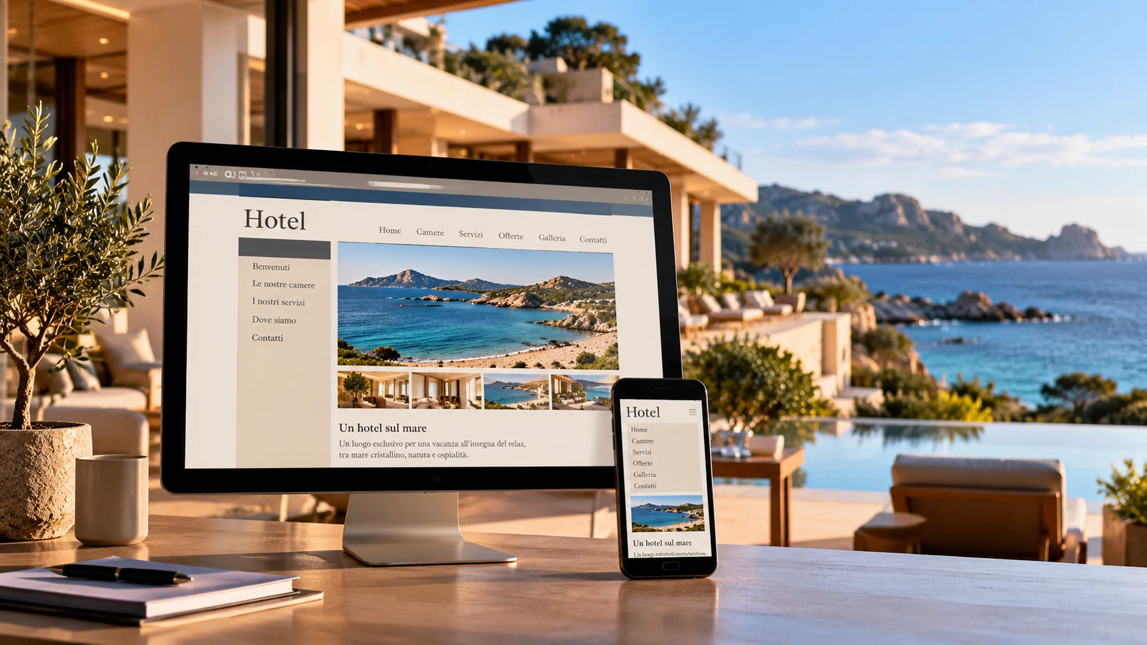 Hotel sul mare con sito web datato e non responsive visualizzato su computer e smartphone