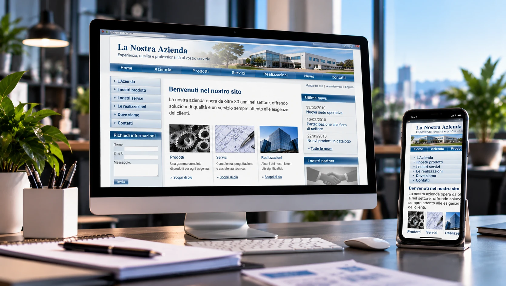 Sito web aziendale datato e non responsive visualizzato su computer e smartphone
